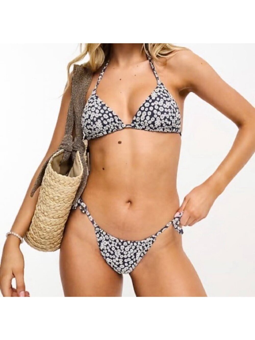 & Other Stories navy floral textured bikini top and bottom set size 10 NWT